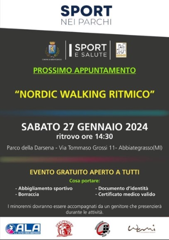 Sport nei parchi- Prossimo appuntamento "Nordic Walking Ritmico" - sabato 27 gennaio 2024