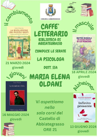 Nuova edizione "Caffè Letterario" alle ore 21 nei giorni: 21 marzo -18 aprile -16 maggio -13 giugno. Diverse tematiche trattate - una psicologa conduce le serate.