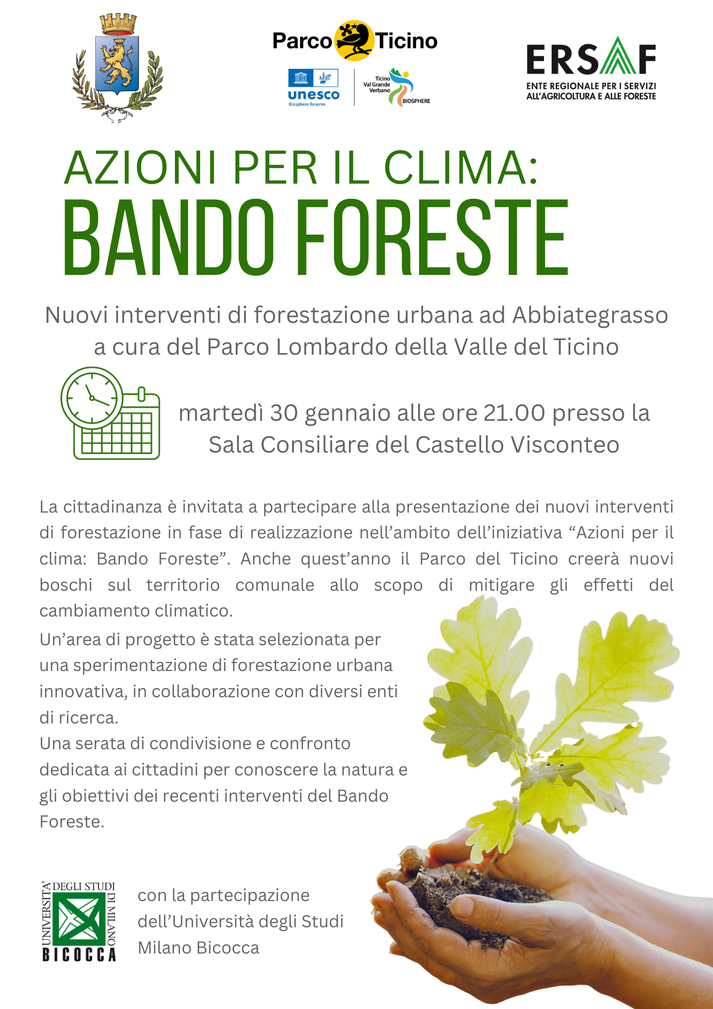 Bando foreste: nuovi interventi di forestazione ad Abbiategrasso - incontro pubblico martedì 30 gennaio alle ore 21.00 - sala consiliare del Castello Visconteo