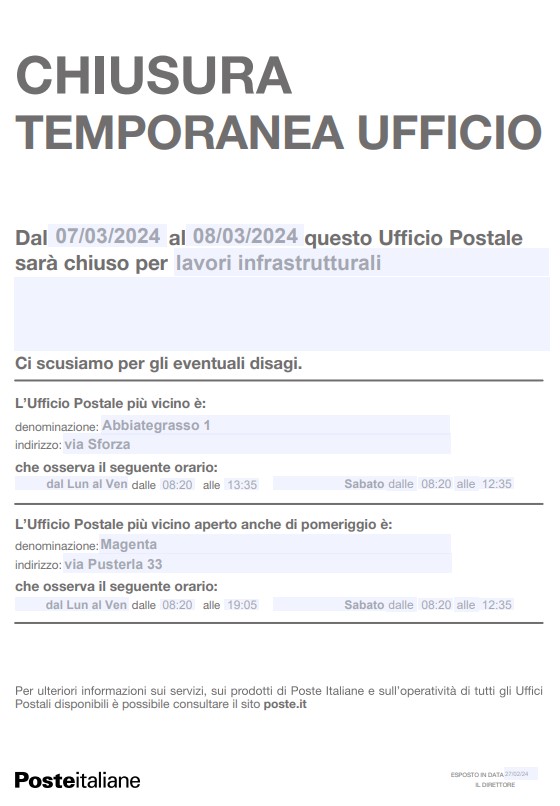 Chiusura temporanea Ufficio Postale di via S. Carlo 26 nei giorni 7 e 8 marzo